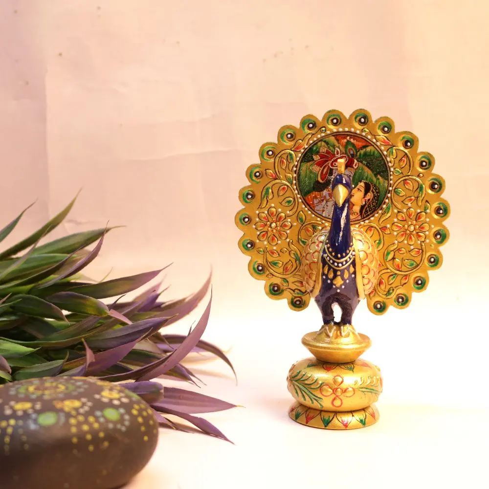 Wood Golden Radhakrishna Cow Peacock( 12 Inch)