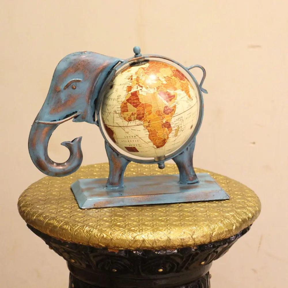 Metal Blue Antique Finish Elephant Globe Small 