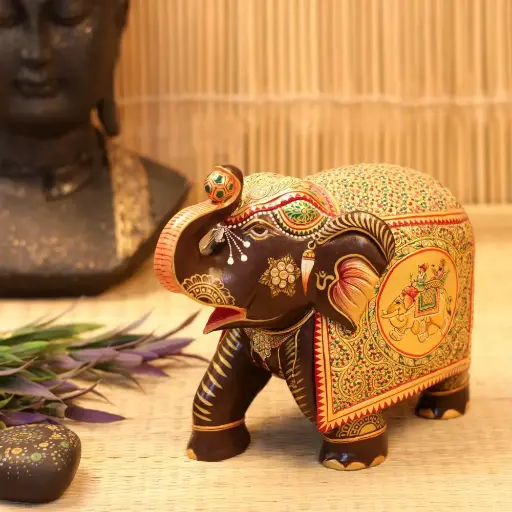 Wooden Handcrafted Elephant With Golden Polish