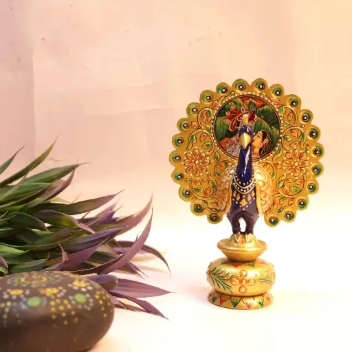 [SKU: BHMSKJSRA12] Wood Golden Radhakrishna Cow Peacock( 12 Inch)